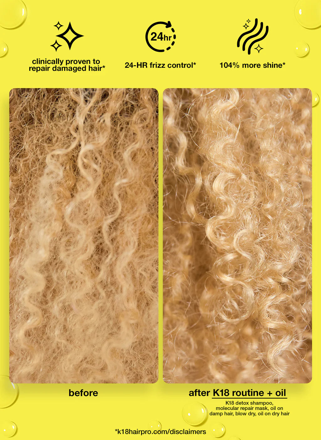 A split-screen image displaying hair before and after using the K18 Shield + Smooth Routine Set. The "before" section shows frizzy, damaged hair, while the "after" section highlights frizz control with smooth, defined curls. Text emphasizes the benefits of this damage shield by K18 Hair Repair.