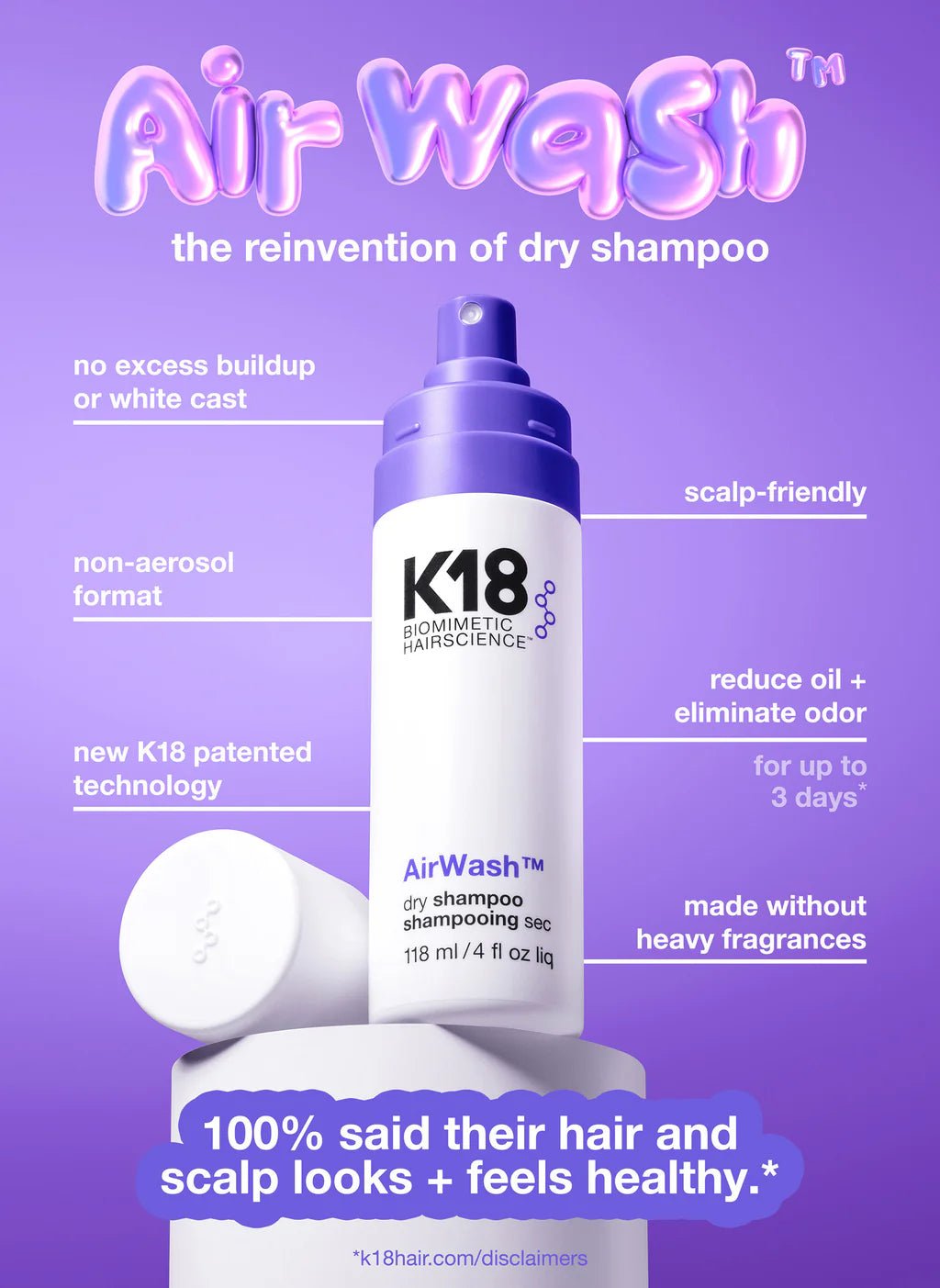 A bottle of Simply Colour Hair Salon Studio & Online Store K18 AirWash Dry Shampoo showcases its features: no residue, non-aerosol, patented odorBIND biotechnology, scalp-friendly, reduces oil, made without heavy fragrances, 100% user satisfaction.