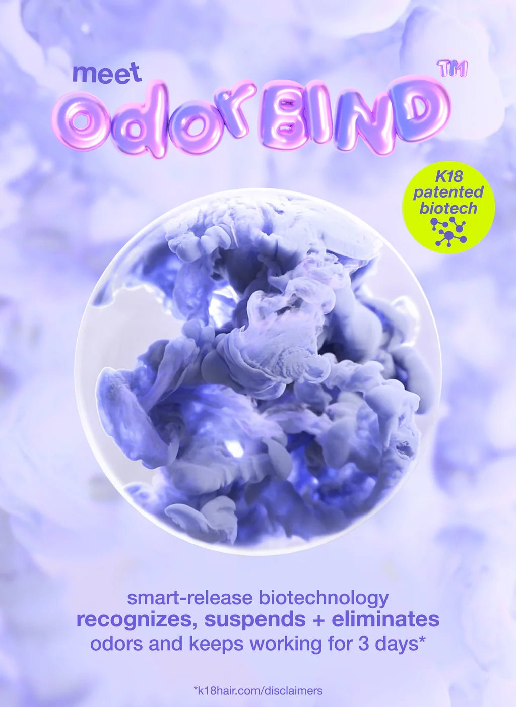 A promotional poster for "K18 AirWash Dry Shampoo" featuring K18 patented biotech from Simply Colour Hair Salon Studio & Online Store. Text highlights odorBIND biotechnology that recognizes, suspends, and eliminates odors for 3 days. Background shows a purple abstract design. The product also functions as a dry shampoo that reduces oil in your hair.