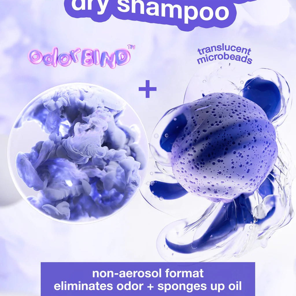 A promotional image for Simply Colour Hair Salon Studio & Online Store's K18 AirWash Dry Shampoo showcasing odorBIND biotechnology with translucent microbeads. Text emphasizes its non-aerosol format, odor elimination, and oil absorption without a white cast or heavy fragrance. Perfectly reduces oil for fresh, clean hair throughout the day.