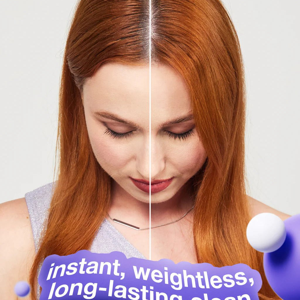 Split image showing a woman with red hair: the left side labeled "before K18 AirWash Dry Shampoo from Simply Colour Hair Salon Studio & Online Store" has slightly less vibrant hair, and the right side labeled "after K18 AirWash Dry Shampoo from Simply Colour Hair Salon Studio & Online Store" has shinier, smoother hair. Text: "instant, weightless, long-lasting clean with dry shampoo that reduces oil.