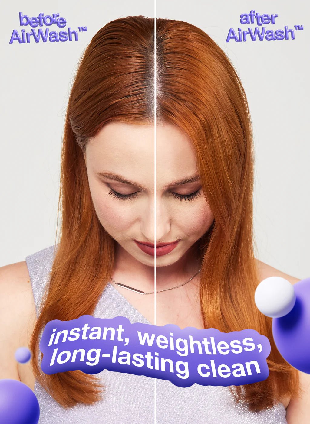 Split image showing a woman with red hair: the left side labeled "before K18 AirWash Dry Shampoo from Simply Colour Hair Salon Studio & Online Store" has slightly less vibrant hair, and the right side labeled "after K18 AirWash Dry Shampoo from Simply Colour Hair Salon Studio & Online Store" has shinier, smoother hair. Text: "instant, weightless, long-lasting clean with dry shampoo that reduces oil.