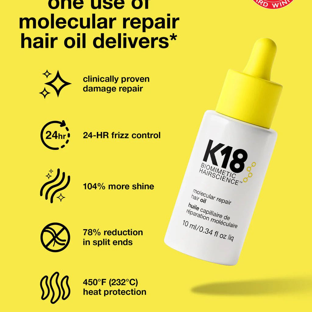 A yellow dropper bottle from the K18 Damage Repair Starter Set by K18 Hair Repair is showcased on a yellow background, emphasizing its clinically proven damage repair, 24-hour frizz control, increased shine, reduced split ends, heat protection, and a vegan formula featuring K18Peptide to reverse damage.