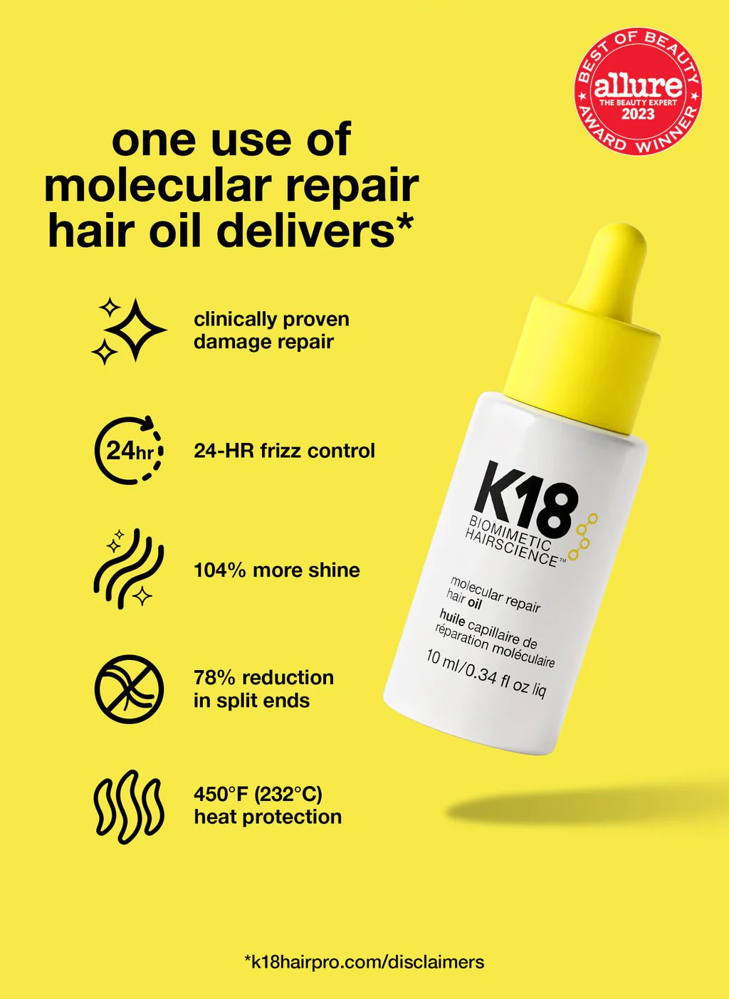 A yellow dropper bottle from the K18 Damage Repair Starter Set by K18 Hair Repair is showcased on a yellow background, emphasizing its clinically proven damage repair, 24-hour frizz control, increased shine, reduced split ends, heat protection, and a vegan formula featuring K18Peptide to reverse damage.