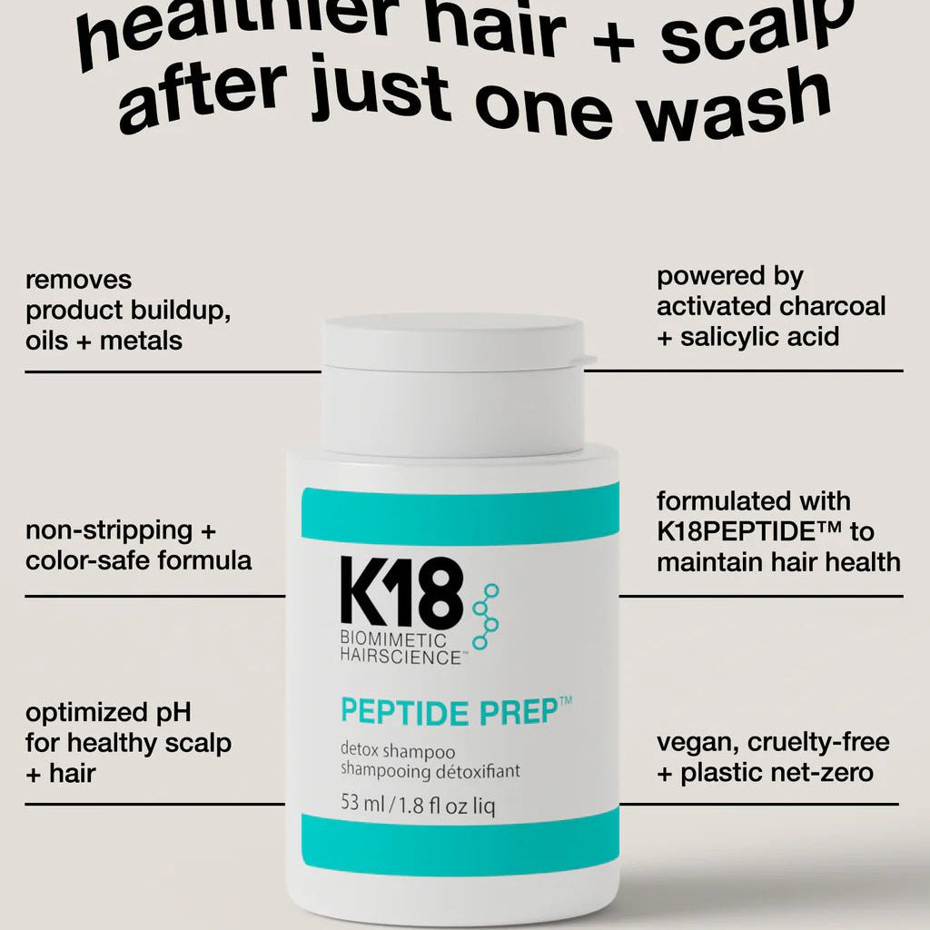 Bottle of K18 Damage Repair Starter Set by K18 Hair Repair, featuring the K18Peptide to reverse damage for healthier hair and scalp after one wash. It removes product buildup with a non-stripping formula and boasts a vegan, cruelty-free composition.