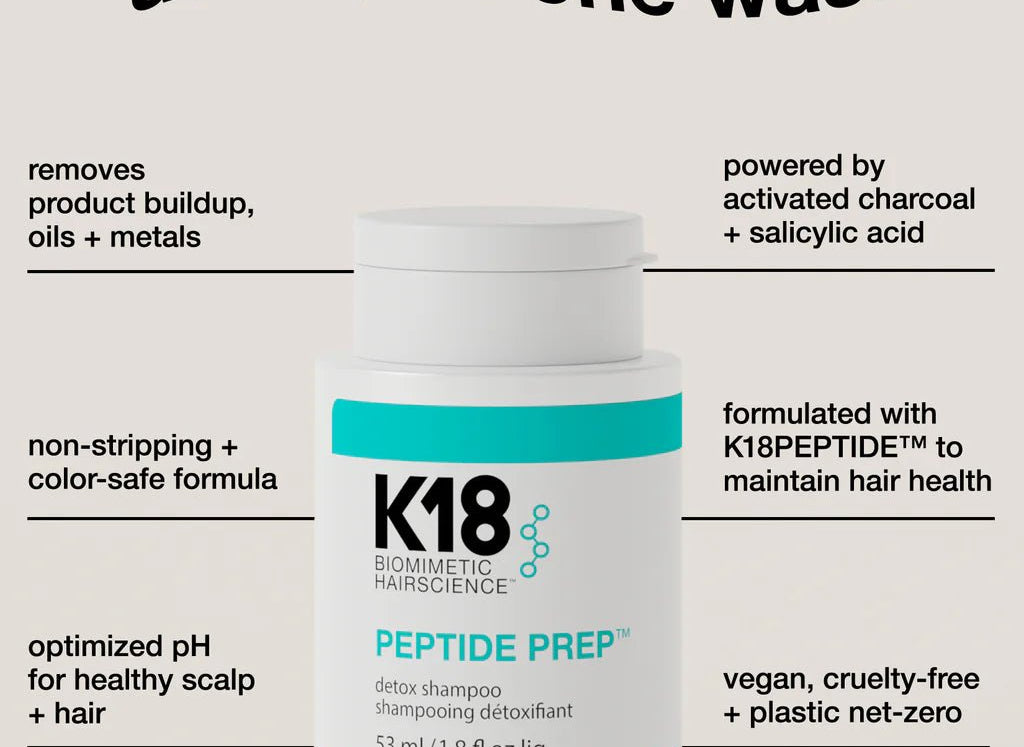 Bottle of K18 Damage Repair Starter Set by K18 Hair Repair, featuring the K18Peptide to reverse damage for healthier hair and scalp after one wash. It removes product buildup with a non-stripping formula and boasts a vegan, cruelty-free composition.