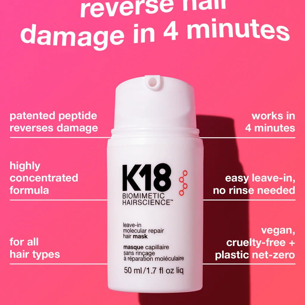 A white bottle from the K18 Damage Repair Starter Set by K18 Hair Repair is showcased against a pink background. Text on the image emphasizes its benefits: reverse damage in 4 minutes with patented K18Peptide technology and a vegan formula.