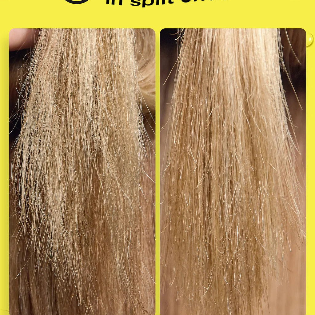 Comparison of hair split ends before and after using the K18 Hair Repair Damage Repair Starter Set in an in-salon routine with oil, featuring the K18Peptide to reverse damage. Showing a 78% reduction in split ends. Left: untreated hair. Right: smoother, vegan-treated hair after using K18 Damage Repair Starter Set.