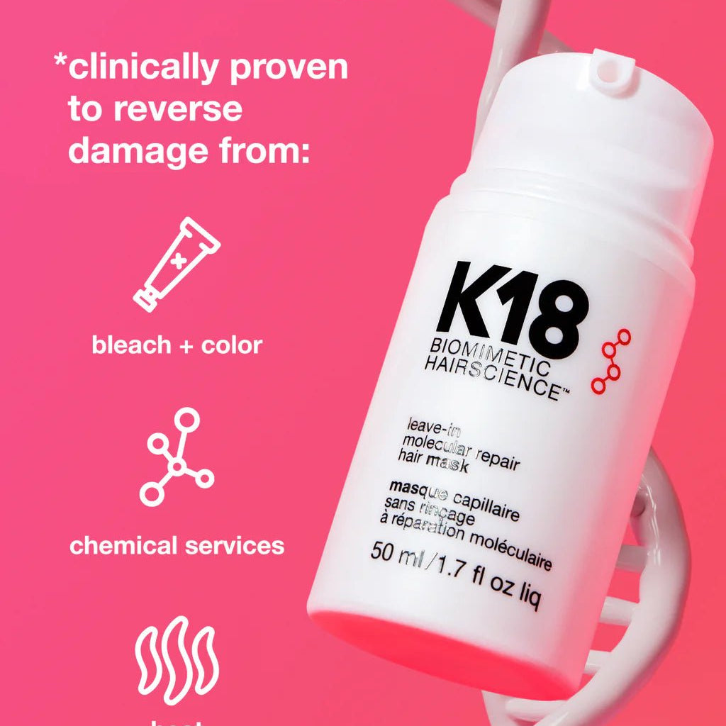 The K18 Damage Repair Starter Set by K18 Hair Repair features a bottle with graphics indicating it is clinically proven to reverse damage from bleach, color, chemical services, and heat. Infused with the powerful K18Peptide, this vegan formula delivers transformative results.