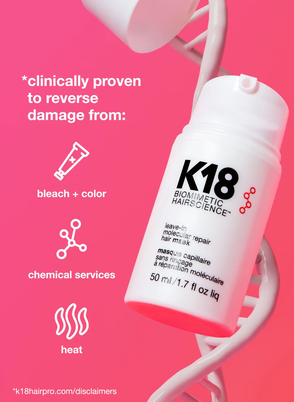 The K18 Damage Repair Starter Set by K18 Hair Repair features a bottle with graphics indicating it is clinically proven to reverse damage from bleach, color, chemical services, and heat. Infused with the powerful K18Peptide, this vegan formula delivers transformative results.