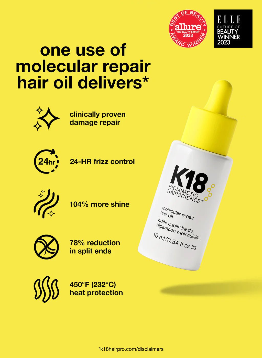 A yellow dropper bottle from the K18 Shield + Smooth Routine Set by K18 Hair Repair is surrounded by icons and text highlighting its benefits, such as frizz control, shine enhancement, damage reduction, and heat protection with an added DAMAGE SHIELD.