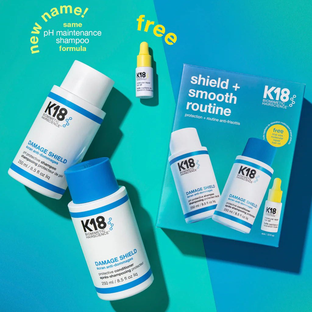 Collection of K18 Hair Repair products including Damage Shield protective shampoo, a small bottle labeled "new name! same pH maintenance shampoo formula", and the K18 Shield + Smooth Routine Set for frizz control.