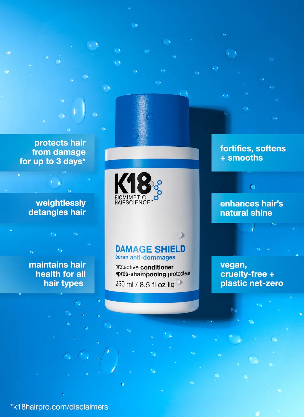 Image of the K18 Shield + Smooth Routine Set conditioner bottle on a blue background with water droplets. Text highlights key benefits: hair protection, frizz control, fortification, detangling, enhanced shine, health maintenance, vegan formula, cruelty-free ingredients, plastic net-zero initiative.