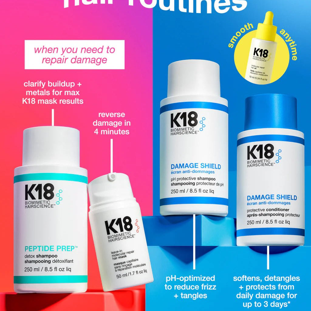 Image showcasing the K18 Shield + Smooth Routine Set by K18 Hair Repair against a vibrant background, along with descriptions of each product's benefits and usage. The text emphasizes their effectiveness for frizz control and repairing damage, featuring a protective shampoo that acts as a DAMAGE SHIELD against daily wear and tear.