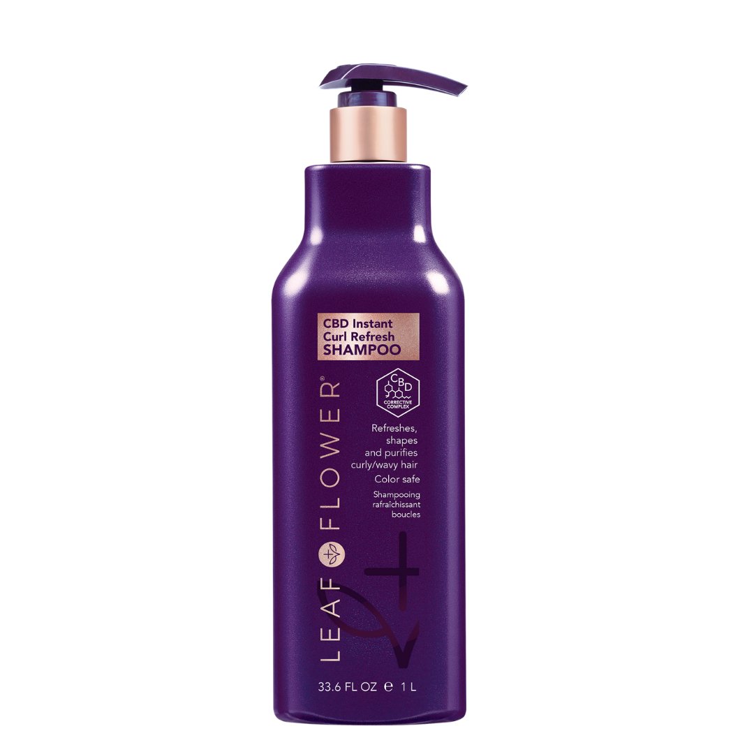 Leaf and Flower Instant Curl Refresh Shampoo bottle, 33.8 fl oz, with pump dispenser, gently removes build-up and promises to refresh, shape, and revitalize curly hair while enhancing natural bounce. This color-safe formula ensures hydrated curls for healthy-looking locks.