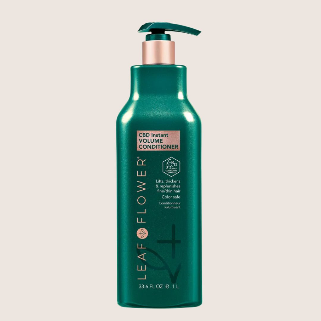 The Leaf and Flower Instant Volume Conditioner, available in multiple sizes, comes in a green bottle with a pump top. It's expertly formulated to lift, thicken, and replenish fine curly hair while being color-care friendly.