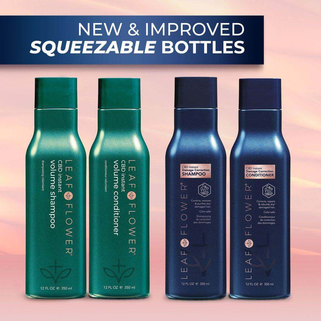 Four bottles of Leaf and Flower hair products are shown: two green bottles of LEAF and FLOWER Instant Volume Shampoo and Volume Conditioner, and two blue bottles of sulfate-free CBD Repair Shampoo and Conditioner, with "New & Improved Squeezable Bottles" text above.