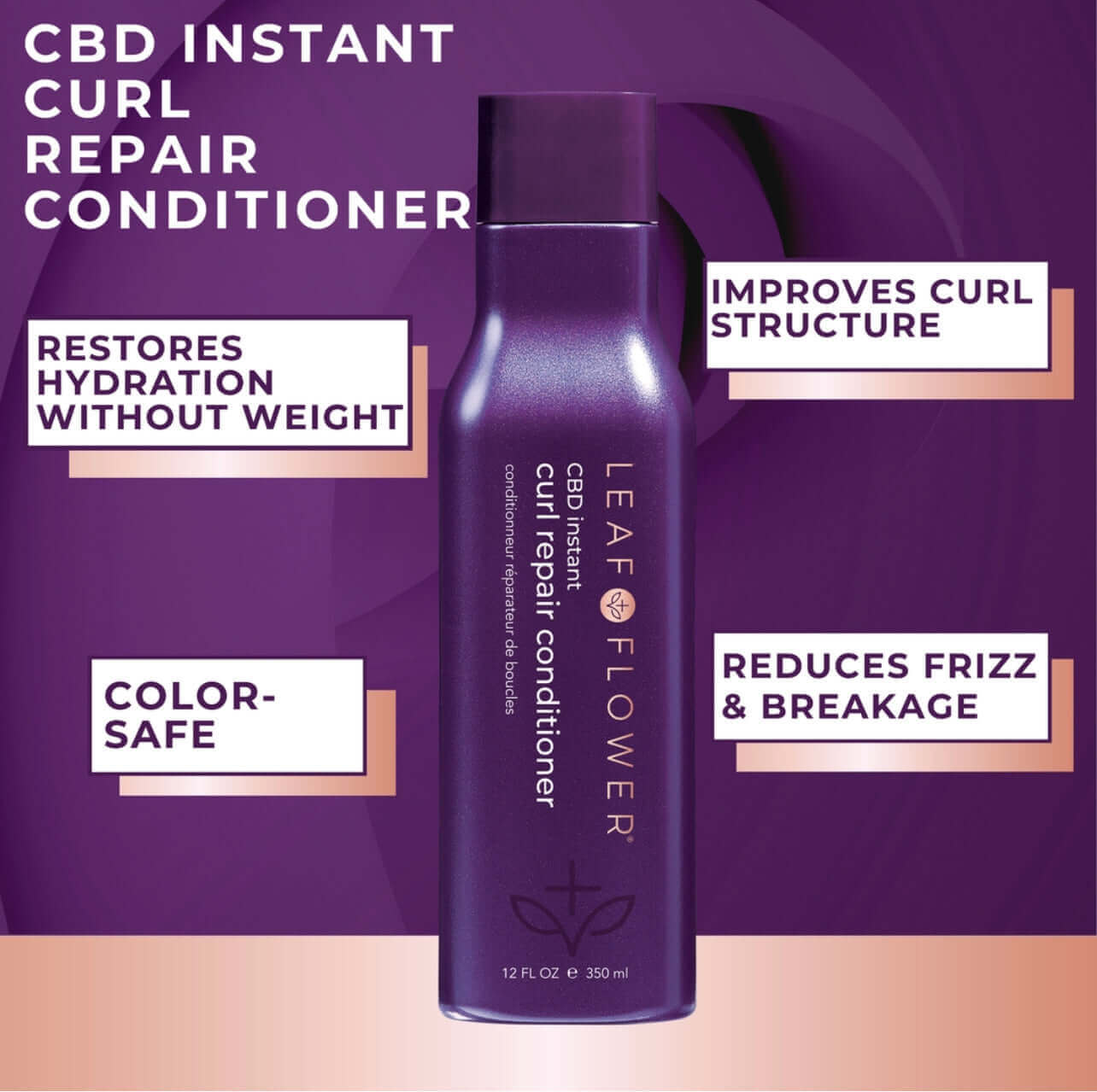 A purple bottle of Leaf and Flower Instant Curl Repair Conditioner that offers hydration and is perfect for all curl types.