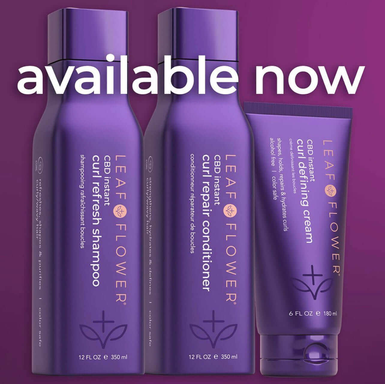 Three purple bottles of Leaf and Flower hair products on a purple background with the text "available now." The color-safe products include Leaf and Flower Instant Curl Refresh Shampoo, which gently removes build-up, Curl Repair Conditioner, and Curl Defining Cream for hydrated curls.